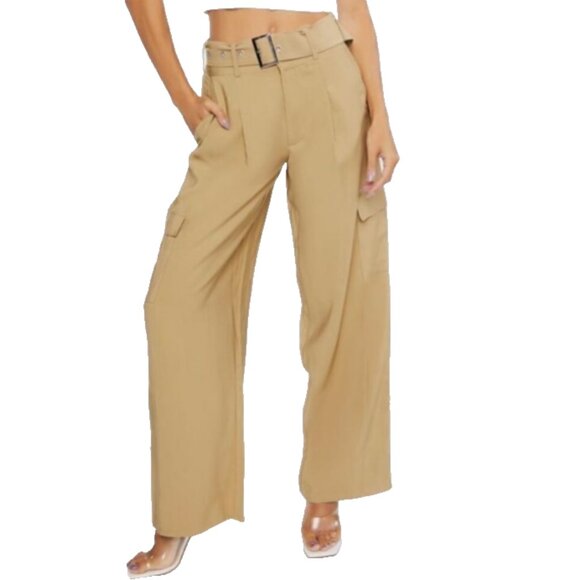 Women's Size M Wide Leg Cargo Pants Tan Forever 21 Detachable Belt High Rise - Picture 1 of 10